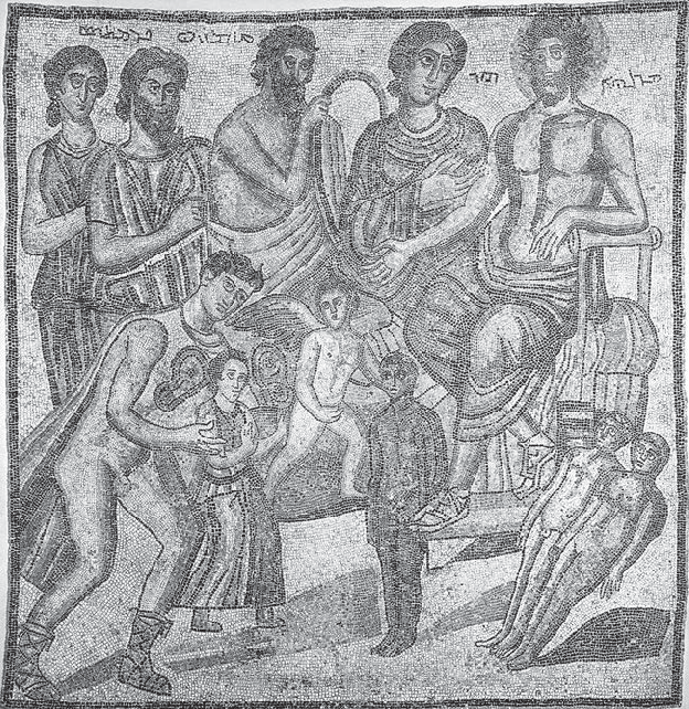 刻有两位身着帕提亚服饰人物的还愿石碑。随附铭文为希腊文。摄影：Françoise Briquel Chatonnet。